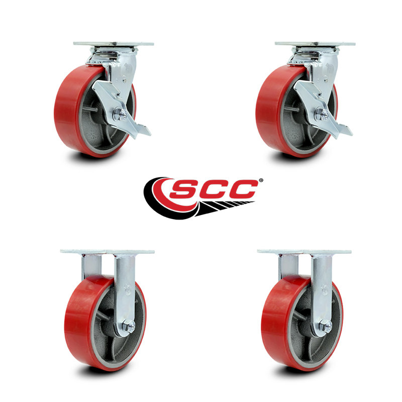 Ensemble de roulettes pour boîte à outils - Roulettes pivotantes en poly 6 po rouge sur fonte - SCC