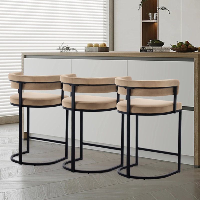 Modern Velvet Bar Stools With Barrel Backrest, Upholstered Seat, And Metal Footrest – 26-inch Seat Height, Ideal For Counters, Home Bars, And Kitchen Islands