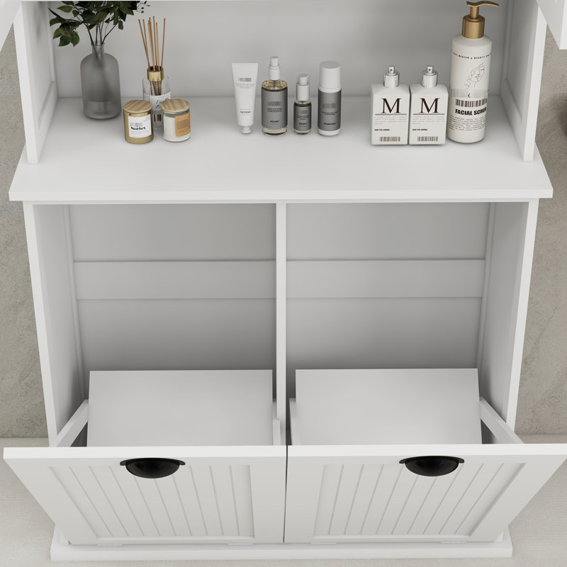 Armoire de rangement pour panier à linge tendance - blanc avec cadre stable à deux compartiments et conception fonctionnelle