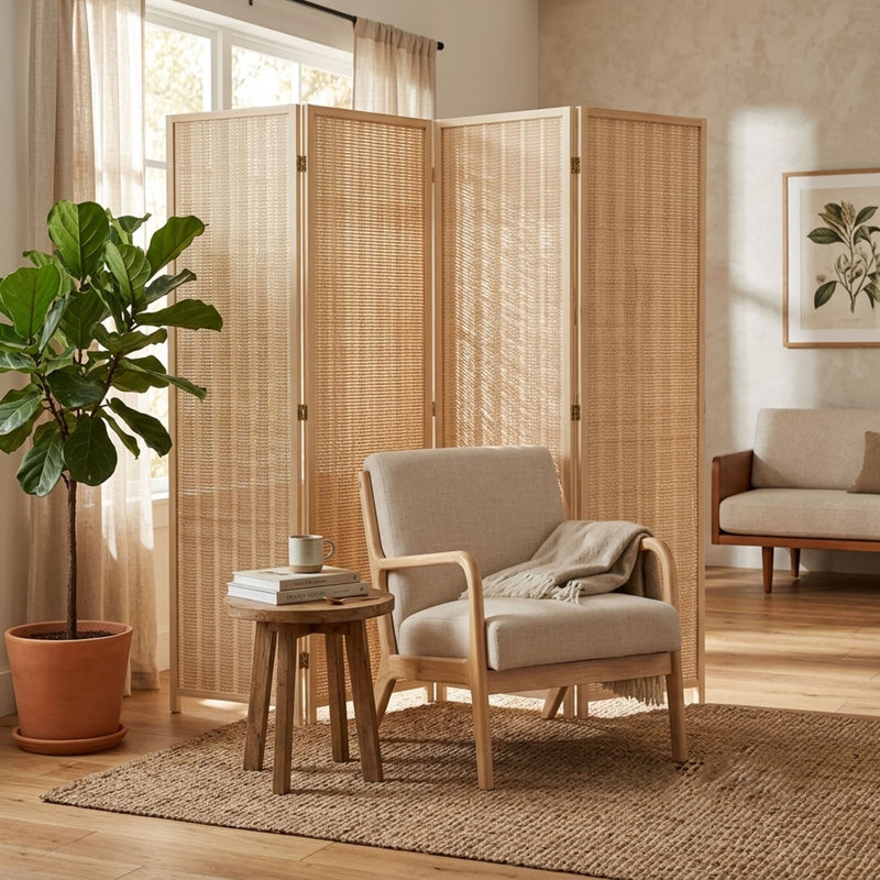 Paravent en bois massif Akridge, 4, Naturel