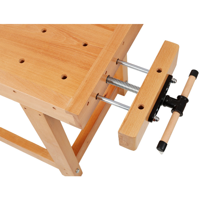 Solid Beech Wood Workbench with Integrated Wood Vise & Bench Dog Holes