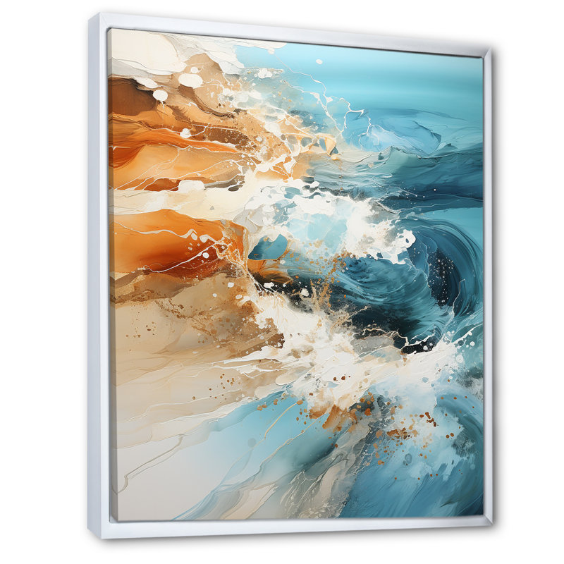 Teal Waves Fight sur impression sur toile, Cadre flottant blanc, H 32 po x l 24 po x P 1 po