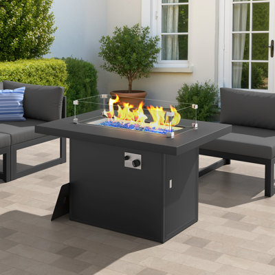 Foyer de table rectangulaire 43 po en aluminium au propane et au gaz naturel gris 43 000 BTU avec pare-vent en verre et couvercle