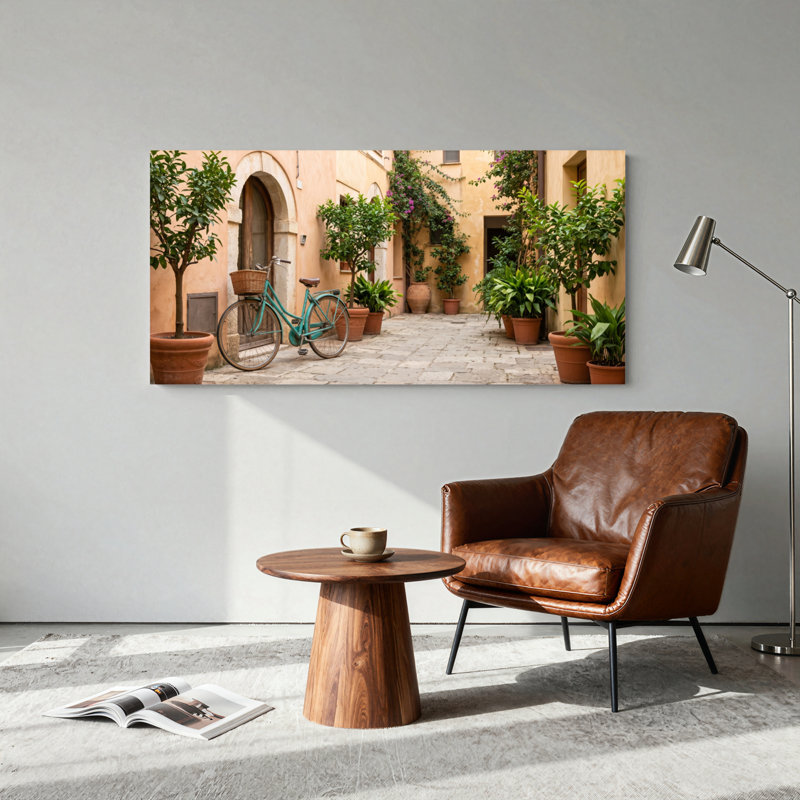 Ensemble de 1 tableau sur toile représentant un vélo dans une cour, L 32 po x H 16 po, Toile tendue