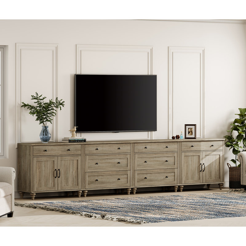 TV Stand For Tvs Up To 105 Inch, Wood TV Console Table For 65-100 Inch TV, Entertainment Center With Door & Drawer, Grey Wash