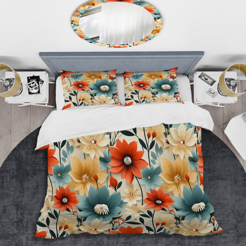Hooman Mod Floral Nostalgia - Ensemble de housse de couette style Mid-Century - Microfibre de polyester