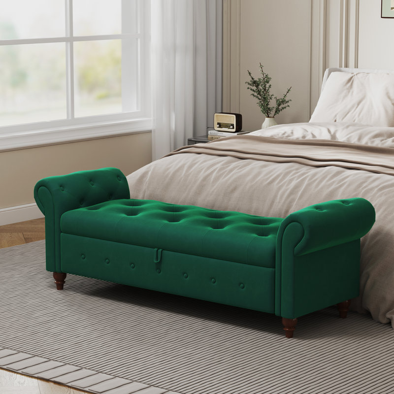 Conring 63" Tufted Storage Bench, Upholstered Storage Ottoman Bench, Rolled Arm Window Bench, Dark Green