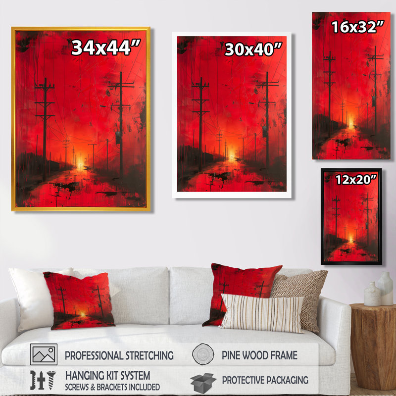 Red Black Power Lines To The Darkness II - Power Lines, reproduction d'art murale, Toile tendue, H 12 po x l 20 po