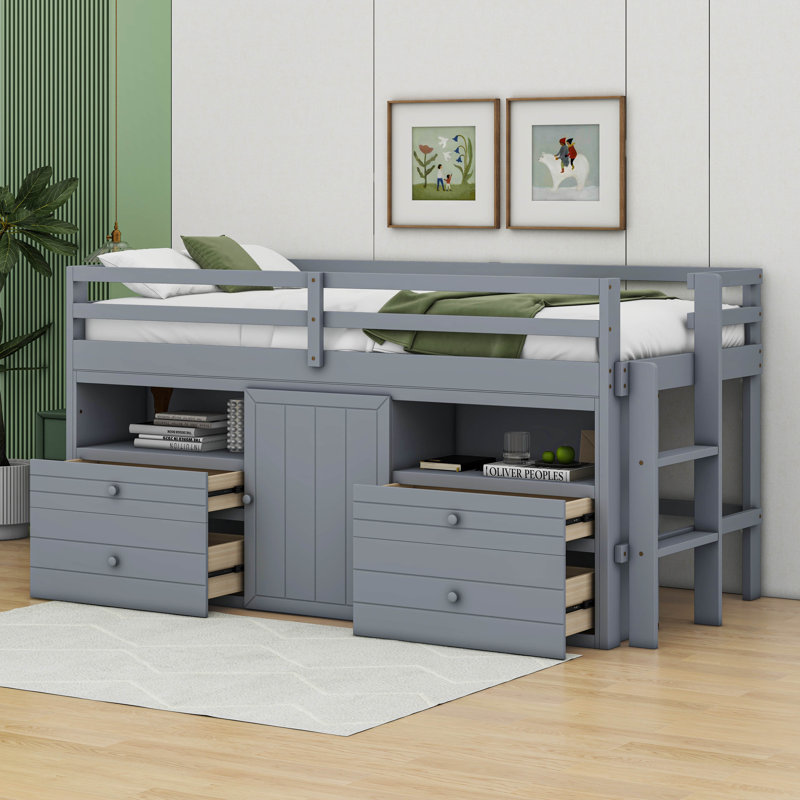 Lit mezzanine simple avec 4 tiroirs, sous l'armoire et les tablettes, gris