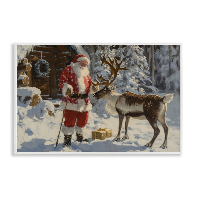 Père Noël avec scène de renne, estampe numérique encadrée par Imagine It Images, Giclée encadrée blanc bord de mer