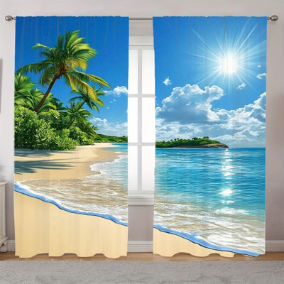 2Pcs Tropical Beach Scene Curtains, Ocean Wave Palm Tree Landscape Modern  Light Filtering Curtain For living Room bedroom Kitchen Rod Pocket Window Drapes,