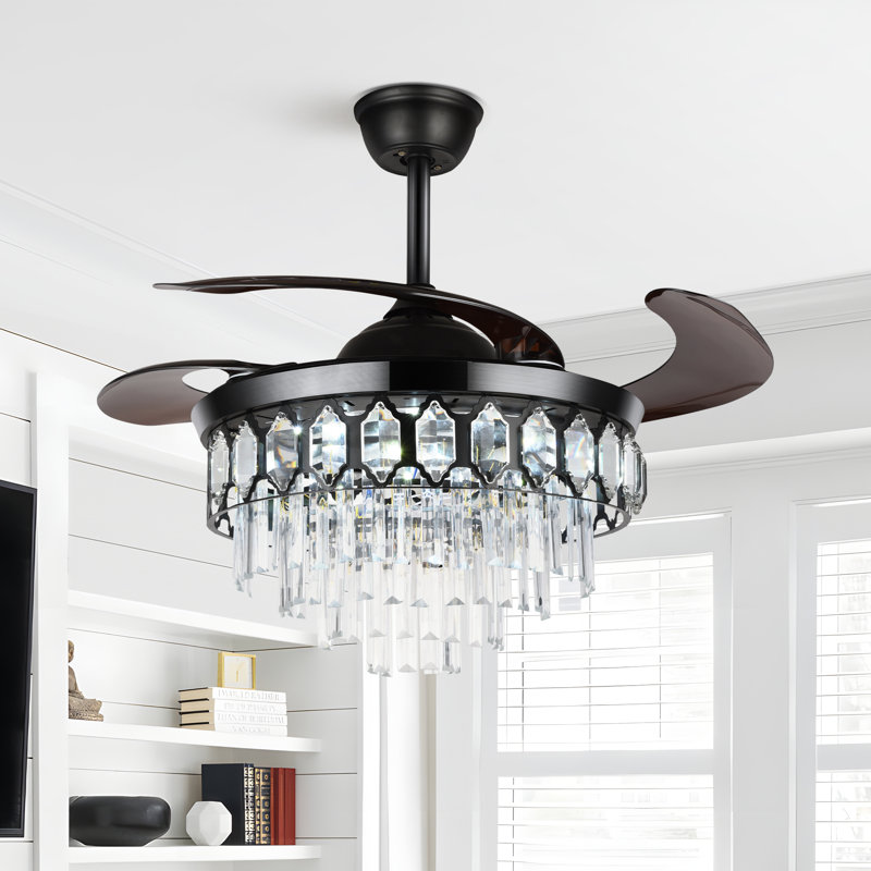 Ventilateur de plafond en cristal 42 po à 6 vitesses rétractable moderne avec lumière et télécommande