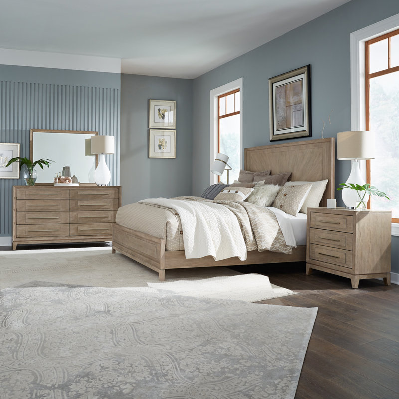 Ensemble de chambre à coucher avec lit à panneaux, commode et miroir Chantee, Grand