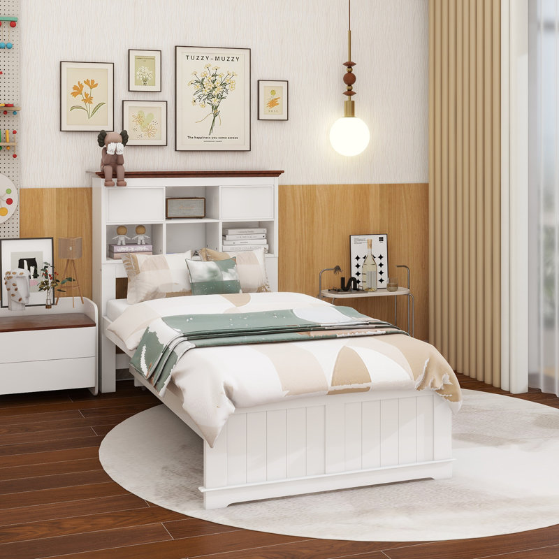 Solid Pine Captain Bookcase Bed With Trundle Bed And 3 Spacious Under Bed Drawers In Casual, White+Walnut, Twin