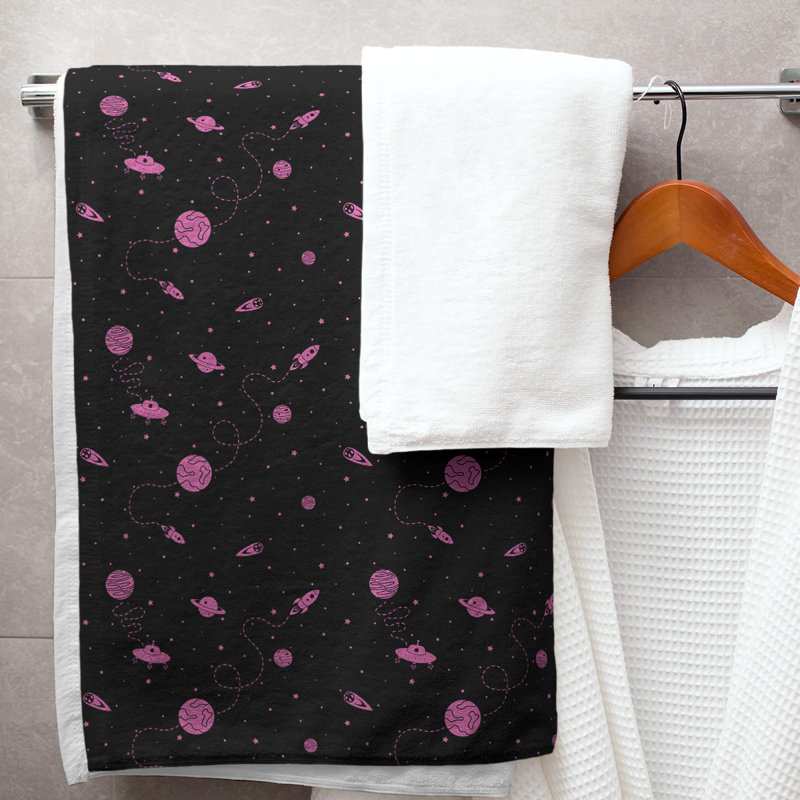 Serviette de bain à espace extérieur, Noir/rose