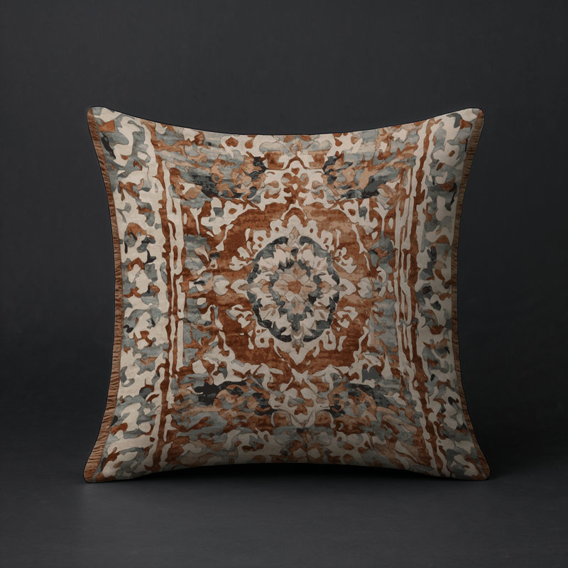 Coussin décoratif intérieur et extérieur Modern, Rouille / brun clair / damas crème, Carré 20 po