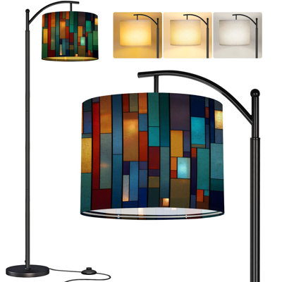  Arc Floor Lamp Colorful stained glass window Abstract stained glass Tall Modern Standing Lamp LED Adjustable Linen Lampshade 3 Color Temperatures
