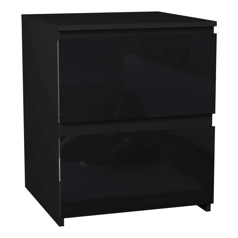 Oslo 2 Drawer High Gloss Bedside Chest (FSC 100%) Bedroom Home Bedside Furniture, Black