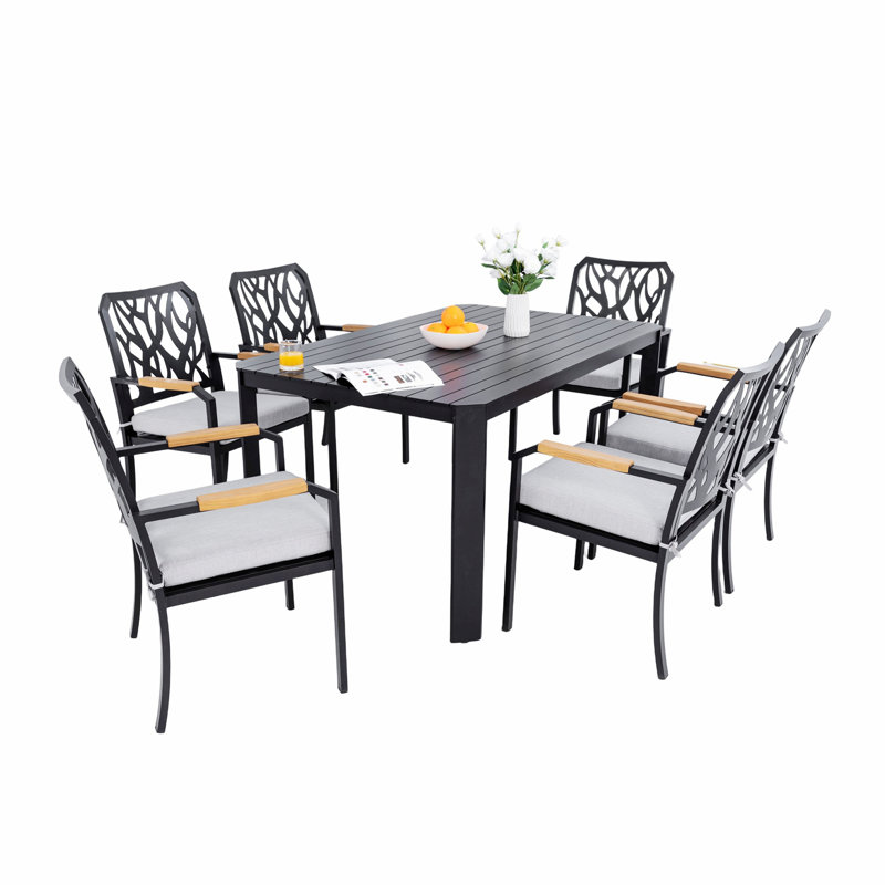 Ensemble de salle à manger d'extérieur 7 pièces avec coussin, ensemble de salle à manger moderne avec trou pour parasol et 6 chaises