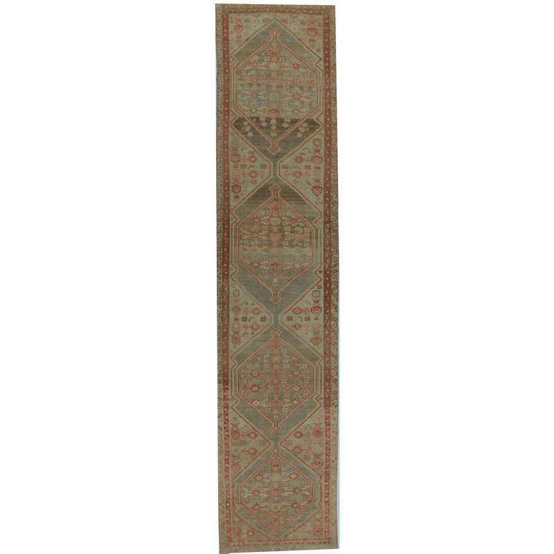 Keleh One-of-a-Kind Runner 3'7" X 16' 1940s Runner Wool Area Rug in Cinnamon/Gray Blue/Pale Teal