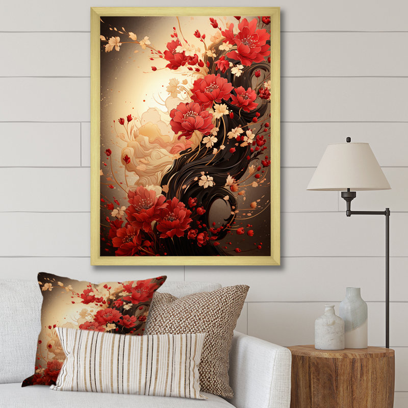 Chrysanthèmes rouges sur une branche - rétro japonais, Cadre doré à une seule photo, H 44 po x l 34 po x P 1,5 po