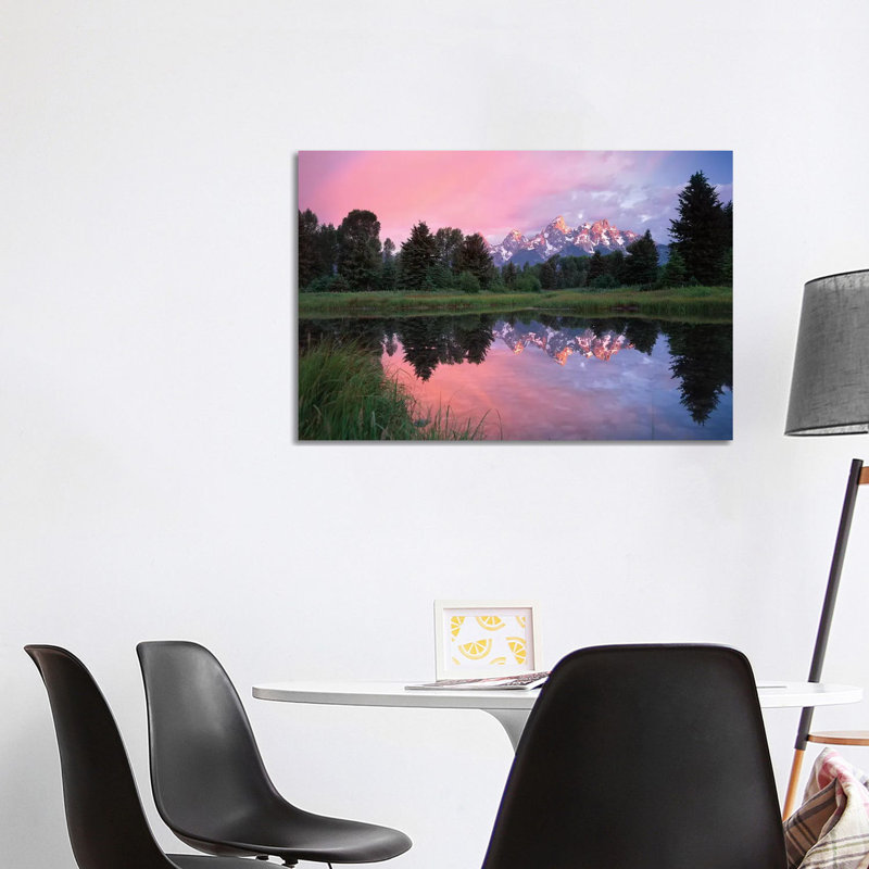 Grand Teton Range And Cloudy Sky At Schwabacher Landing, Reflected In The Water, Grand Teton National Park, Wyoming I 1 Piece Wrapped Canvas Wall Art