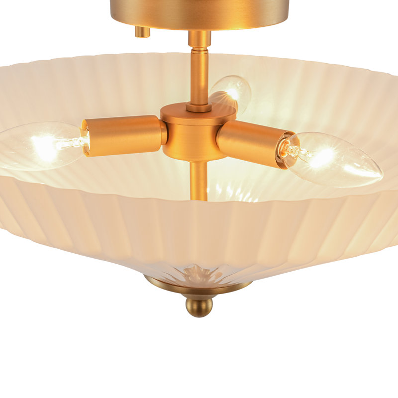 3 - Light Pleated Glossy White Glass Cone Semi Flush Mount