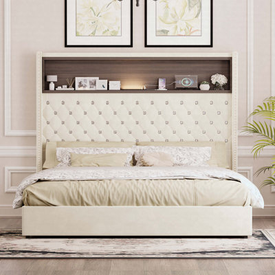 Queen Upholstered Velvet Platform Bed With Rivet-Detail Headboard, USB Port, And Night Light