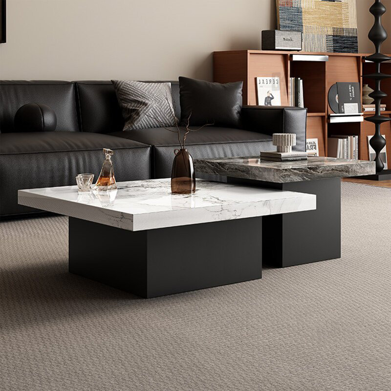 Ensemble de tables basses en granit italien, Blanc / Gris, H 15,7 po x L 47,2 po x l 47,2 po
