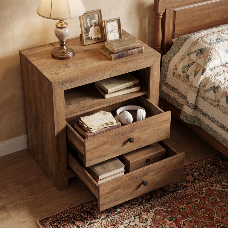 Table de chevet avec 2 tiroirs de rangement, style campagnard, marron, Brun, 1 article