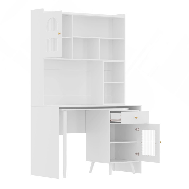 Bureau d'ordinateur avec bureau rotatif à 90 degrés, bureau de 43 po x 70 po avec tiroir de rangement et armoires, bureau de jeu avec tablettes