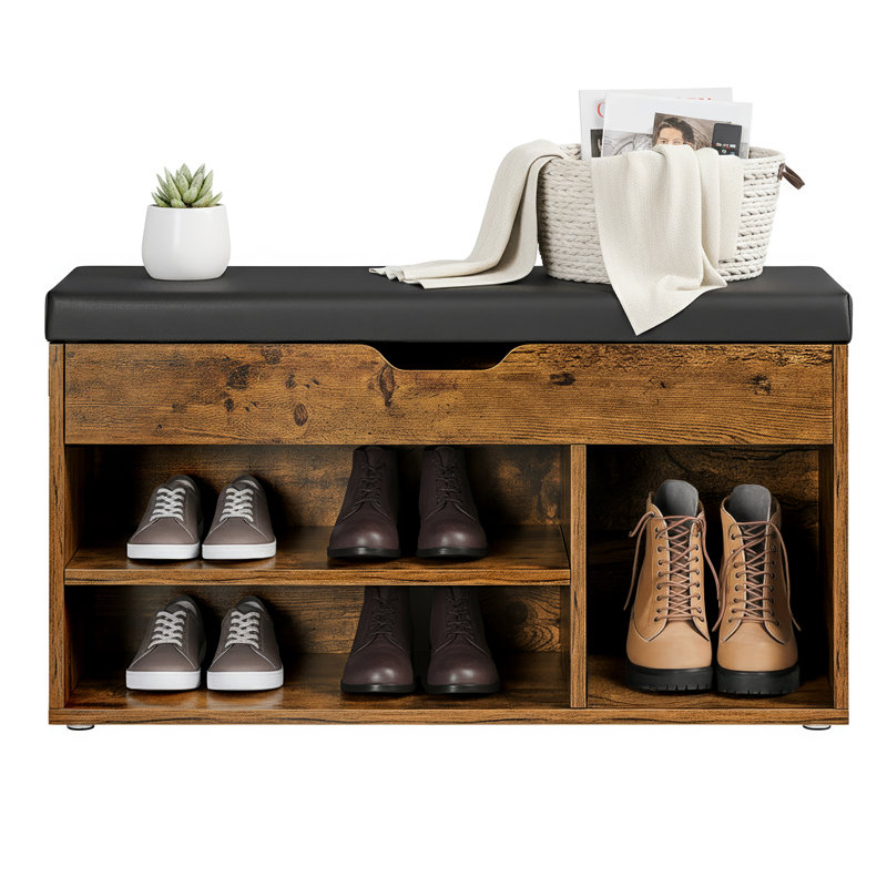 Banc de rangement pour 8 paires de chaussures, Brun rustique / noir encre, 17.3" H x 31.5" W x 11.8" D