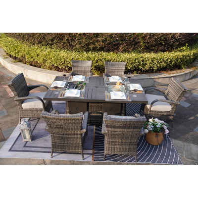 Moda 70 In. X 39 In. X 27 In. Rectangular Wicker Outdoor Gas Fire Pits Table With 6-Chairs by Red Barrel Studio