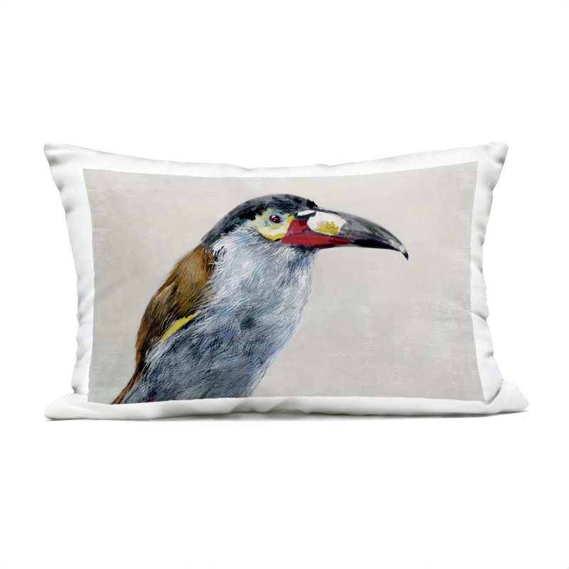 Coussin d'extérieur noir touffeté à motif de montagne Toucan par Jacob Q, Rectangle H 14 po x l 20 po, Blanc, toucan