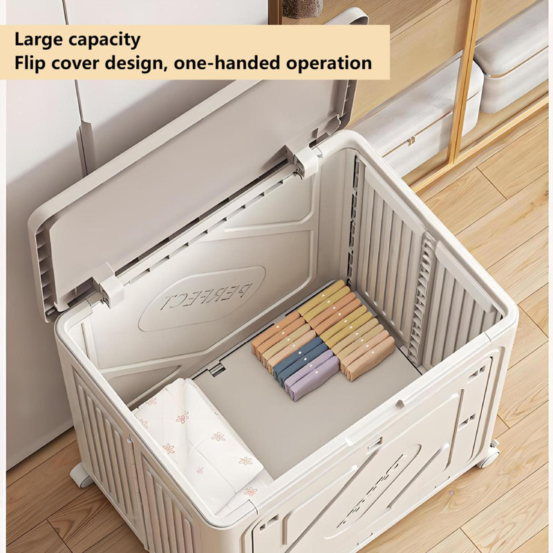 Large Capacity Foldable Clothes Organizer with Wheels and Lid, Beige