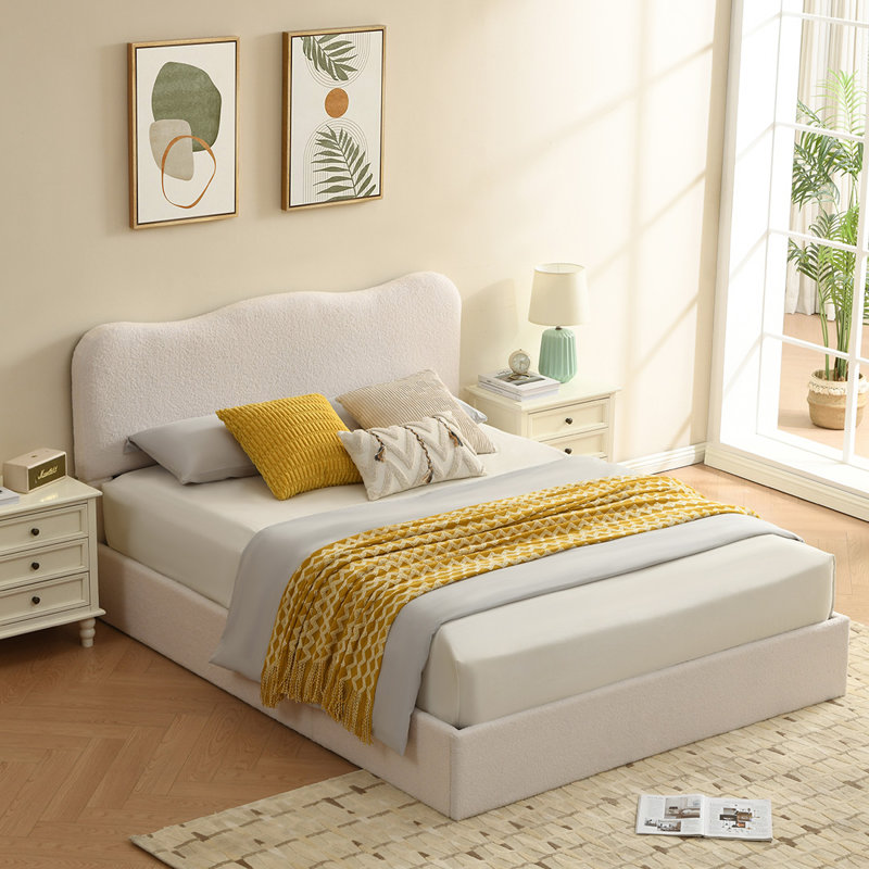Lit plateforme tapissier Bensu Boucle, Grand, Blanc