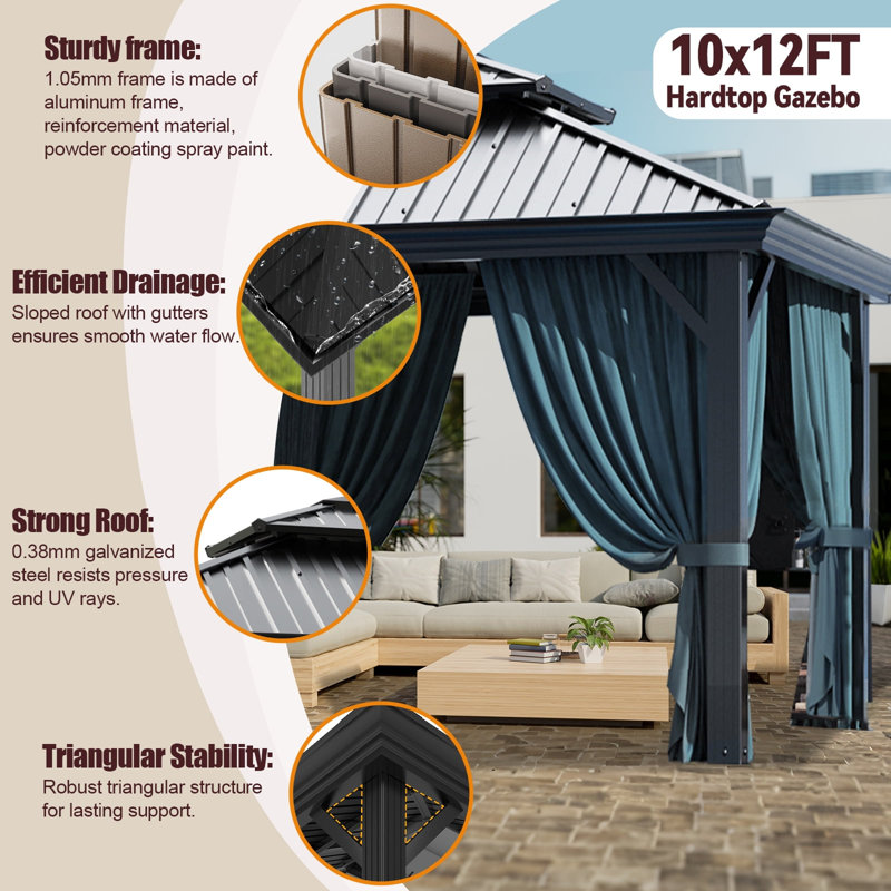 10x12ft Hardtop Gazebo Outdoor Patio Gazebo with Ventilated Aluminum Roof and Mosquito Net Steel Gazebo Canopy for Patios, Backyard, Garden and Beach
