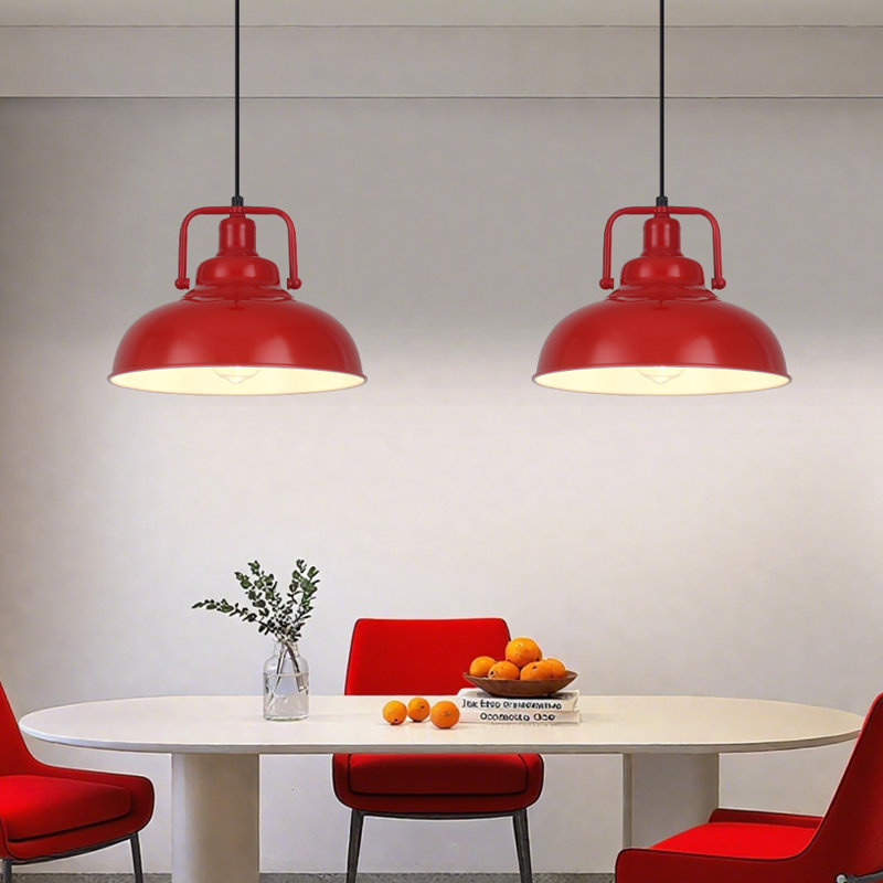  2-Light 11.4" Red Farmhouse Pendant Light, Modern Adjustable Height Hanging Fixture for Kitchen Island, Red