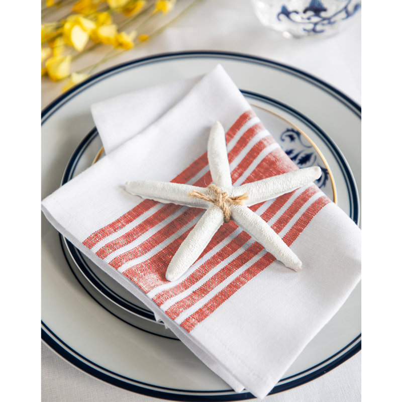 Farmhouse - 100% Pure Linen Dinner Napkins, Red and White