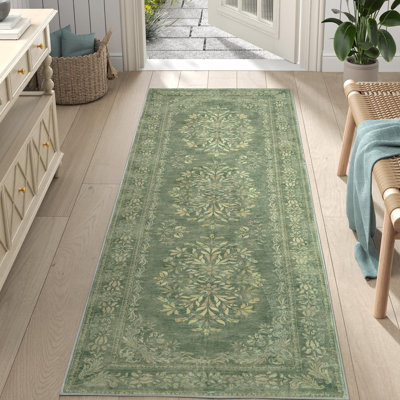 Vintage Floral Distressed Design Non-Slip Low-Pile Soft Thin Faux Wool Area Rug