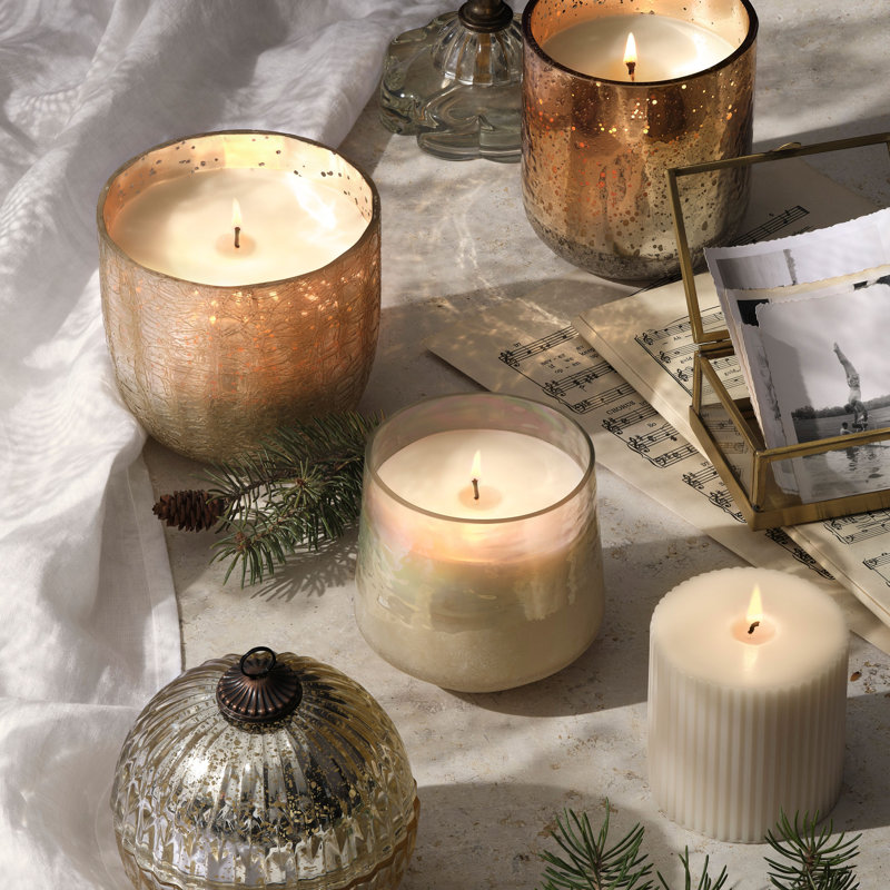 Large Boxed Crackle Glass Candle, Winter White, Large Boxed Crackle Glass