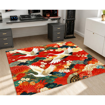 Tapis rouge rouge à motif oriental japonais, motif à motif d'art traditionnel asiatique élégant, tapis antidérapant durable et doux lavable à la machine, décoration artistique élégante pour le salon, la chambre à coucher, le vestibule, la cuisine, le balcon, appartement