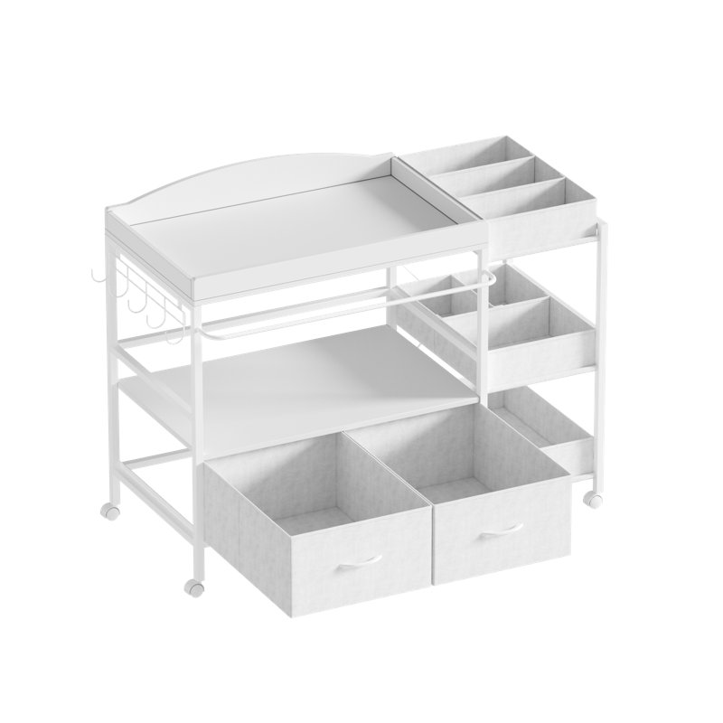 Table à langer mobile avec roulettes et tiroirs, matelas à langer universel et barre de suspension, grands paniers en tissu, roulettes verrouillables, idéale pour les nourrissons et les nouveau-nés.