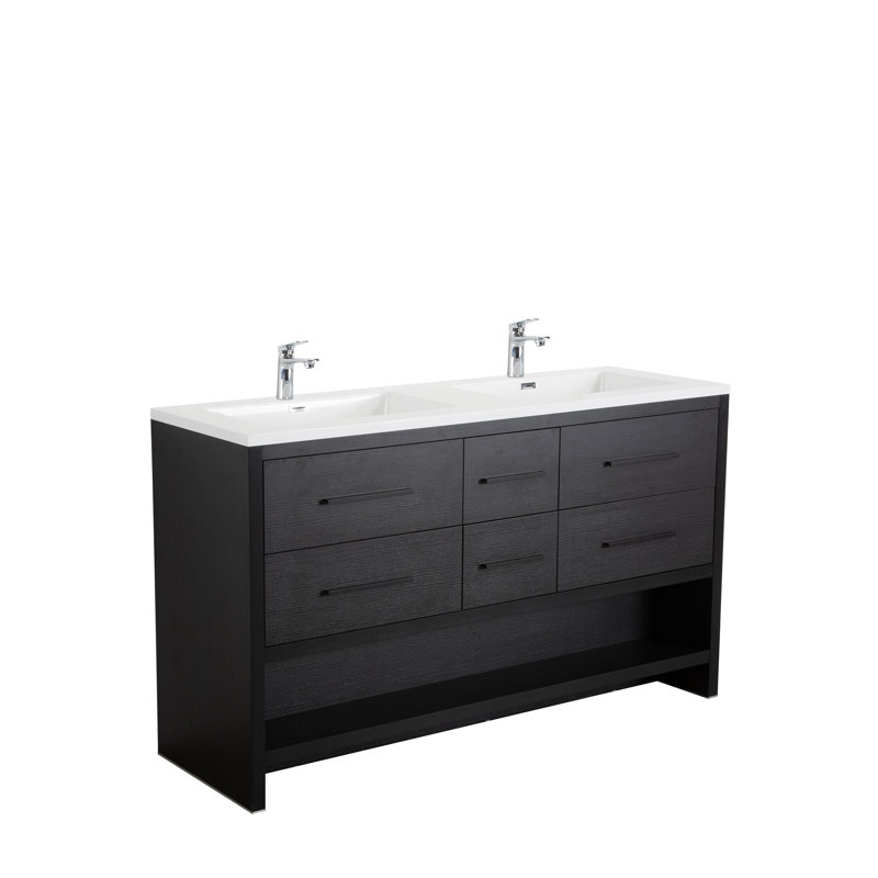 Cessily 60 po L x 21 po P 6 tiroirs Meuble-lavabo autoportant avec évier double et Comptoir en Polymarbre blanc