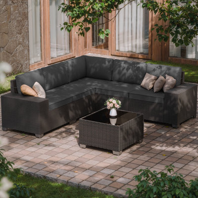 5-Person All-Weather Outdoor HDPE Rattan Sectional Sofa Set with Cushions and Wide Armrests