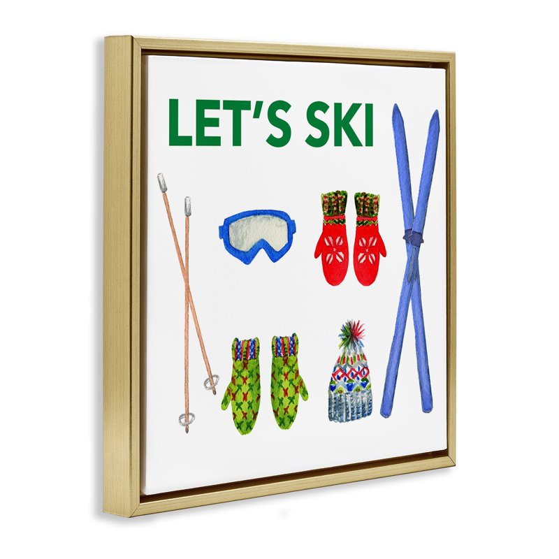 «Let's Ski on White» par Melissa Hyatt, Cadre flottant métallique doré, H 25 po x l 25 po