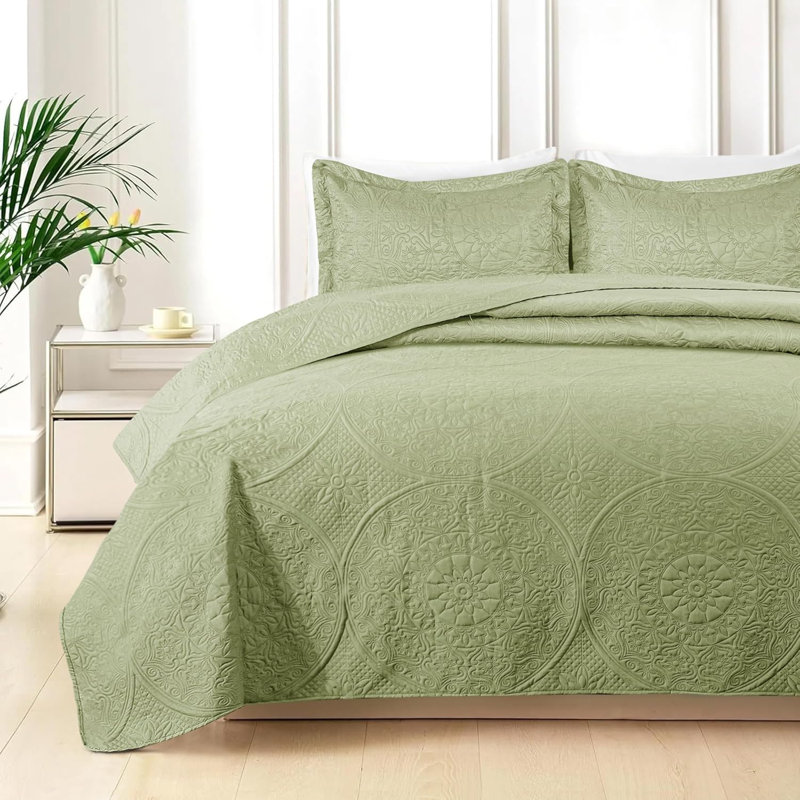 Lightweight Summer Bedspreads - 3 Piece Oversized Quilt Set - Reversible Coverlet Set -Queen Size, Sage Green Floral