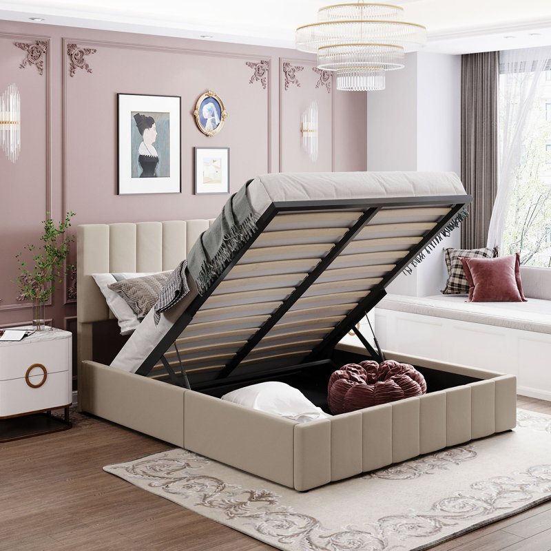 Grand lit plateforme tapissier avec rangement relevable, Beige, Grand lit