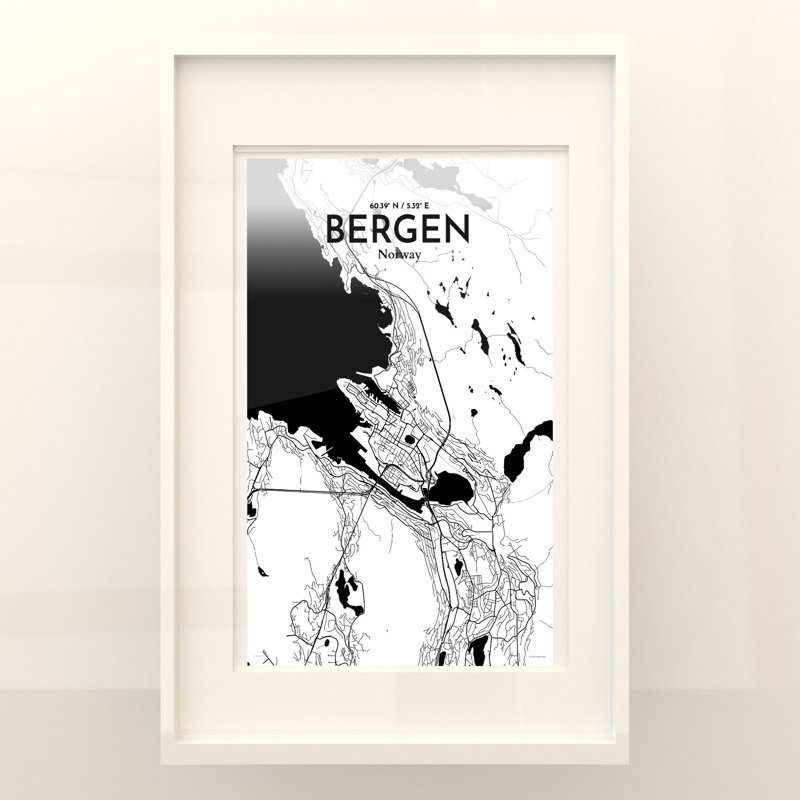 Bergen City Map, impression, H 17 po x l 11 po, Noir et blanc