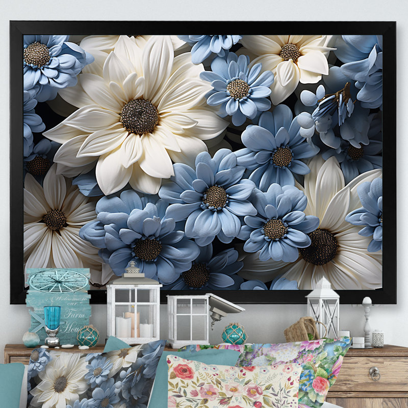 Marguerite blanche et bleue Innocence sur toile, Cadre photo noir, H 16 po x l 32 po